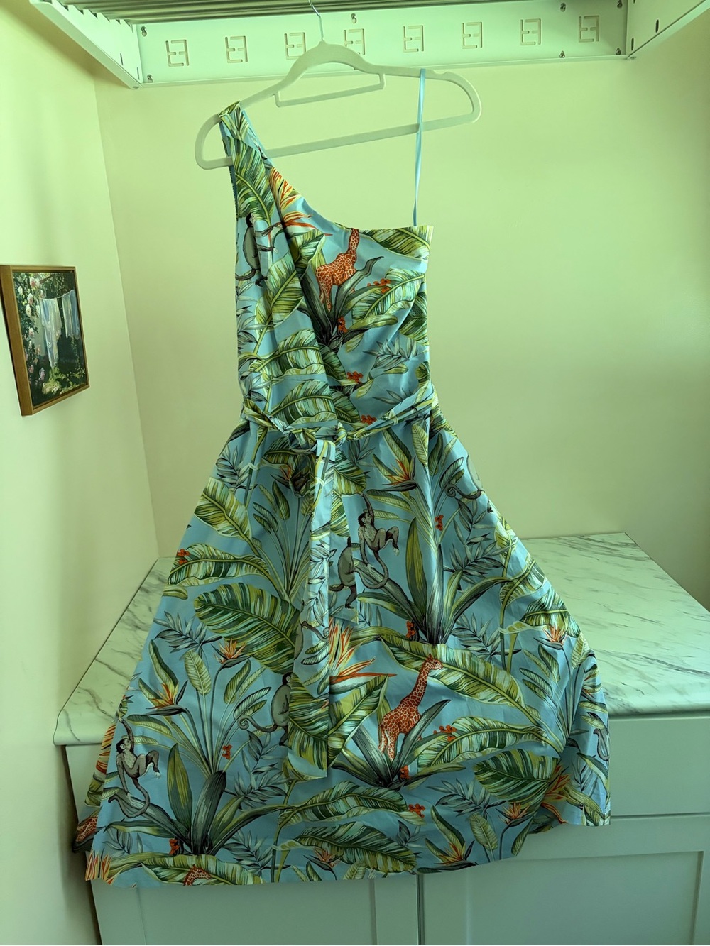 Ann Taylor One-Shoulder Tropical Print Dress in Light Blue and Green